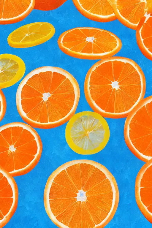 Prompt: a poster of summer ,water,wave , orange and orange slices,blue theme and Yellow accents,Colour composition by Kenya Hara