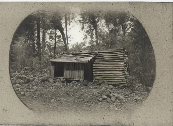 Prompt: Photograph of a miner's wooden shack among dry bushes and boulders in a pine forest, albumen silver print, Smithsonian American Art Museum