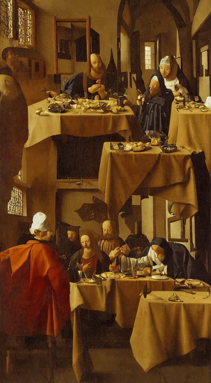 Image similar to Noble lunch. They dined in a large, richly furnished room. There were a lot of food on the table. Medieval painting by Jan van Eyck, Johannes Vermeer, Florence,