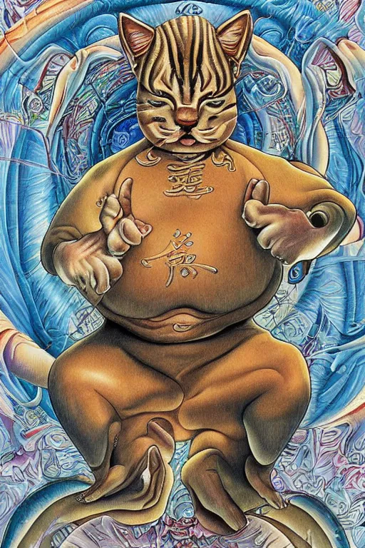 Prompt: obese tabby cat shaolin monk by alex grey, full body, extremely detailed