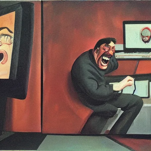 Image similar to an angry man screams at his computer monitor, oil on canvas, 1 9 6 7, highly detailed