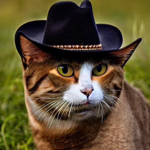 Prompt: a cat, wearing a cowboy hat, with a piece of grass in his mouth, desert background