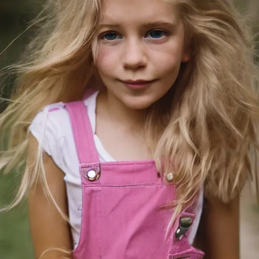 Prompt: beautiful girl with long blonde hair wearing dungarees and a light pink shirt, still, photograph, highly detailed