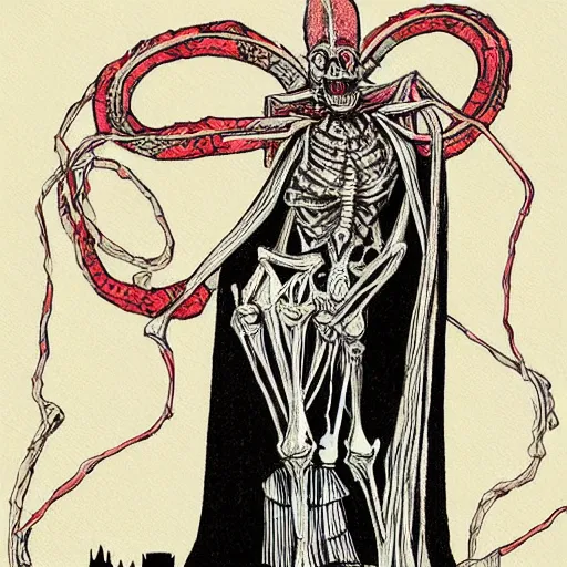Prompt: A beautiful mixed media art of a horned, red-eyed, skeleton-like creature, with a long black cape, and a staff with a snake wrapped around it, standing in front of a castle atop a cliff. in the USA, Ancient Roman by Charles Robinson, by Terada Katsuya mood, delicate