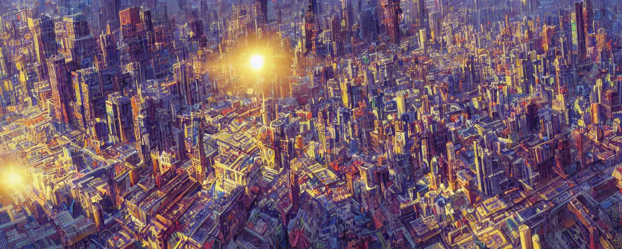 Image similar to a city made entirely out of Rubik\'s cubes, daylight, sunlight, lens flare, highly detailed, digital painting, artstation, concept art, smooth, sharp focus, 8k, photorealistic, 25mm f/1.7 ASPH Lens, ultra realistic steampunk illustration, art by greg rutkowski and alphonse mucha
