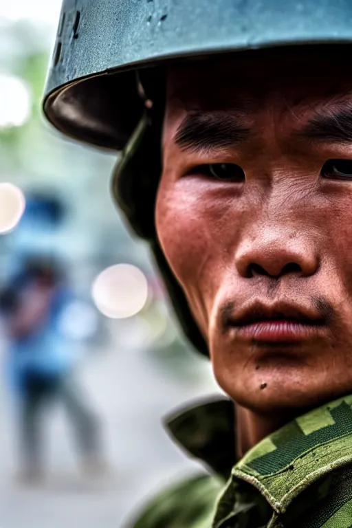 Image similar to vietnam soldier with skateboard, pulitzer award, extreme close up, captured by nikon d 8 5 0, 4 k, body features, face features, bokeh, proportional, details, object features, by daniel berehulak and adnan abidi and preston gannaway