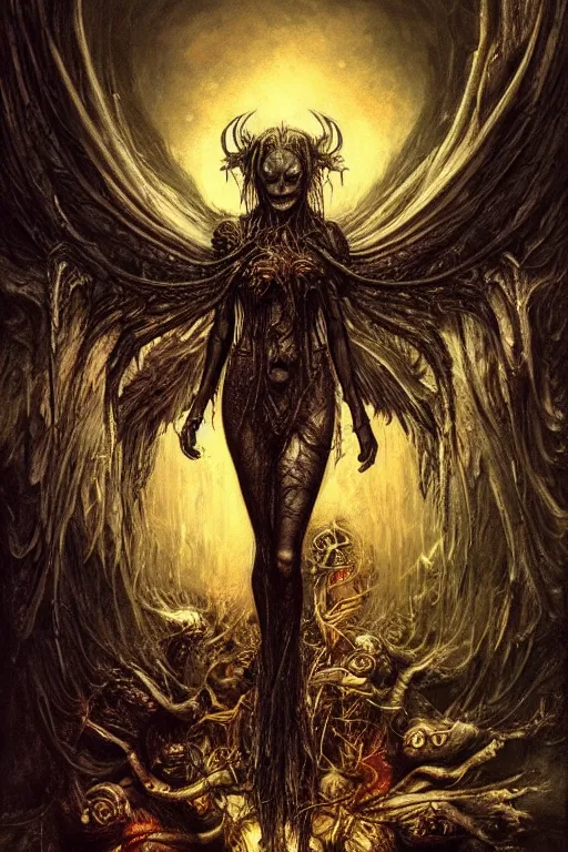 Image similar to life and death mixing, demonic wings, fireflies, hyperdetailed, 4 k, trending on artstation, dark and gloomy, demonic, cinematic, artgerm, h. r. giger, francis bacon, gustave moreau, luis royo