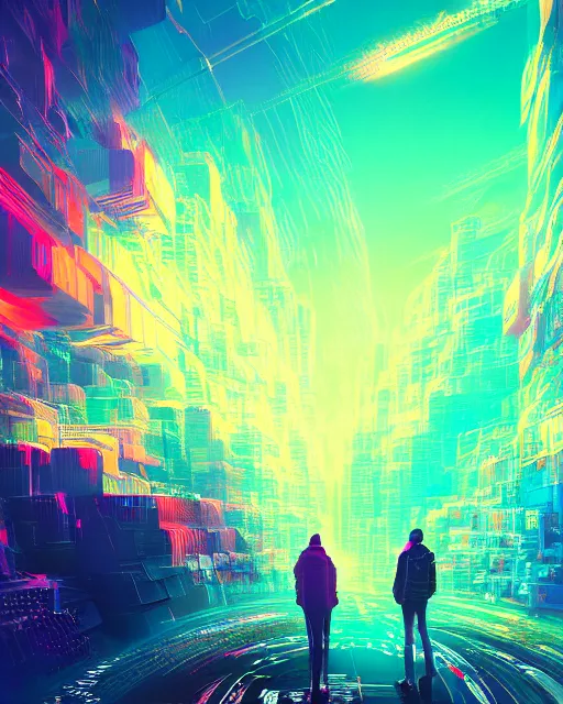 Image similar to Digital world, simulation theory, glitching, scifi, global illumination, unique landscape, fine details, perfect, 8k high detail, masterpiece, trending on ArtStation, by Alena Aenami, Petros Afshar, Liam Wong