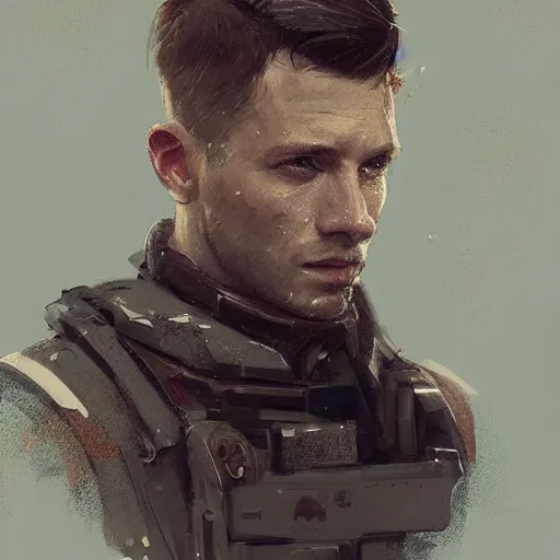 Image similar to Portrait of a man by Greg Rutkowski, he is about 30 years old, short copper hair, attractive, military composure, younger brother vibes, he is wearing futuristic military fatigues, cool uncle vibes, highly detailed portrait, digital painting, artstation, concept art, smooth, sharp foccus ilustration, Artstation HQ.