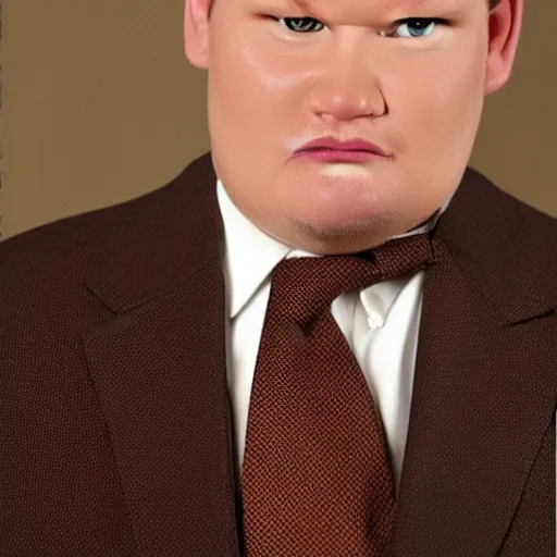 Prompt: Andy Richter wearing a brown suit and necktie on his knees with a pleading look on his face.