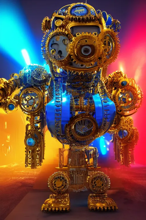 Prompt: portrait photo of a giant huge golden and blue metal steampunk robot with gears and tubes, robot is a vaccuumcleaner, on the wet floor are mop and bucket, eyes are glowing red lightbulbs, shiny crisp finish, 3 d render, 8 k, insaneley detailed, fluorescent colors, background is multicolored lasershow
