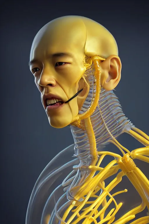 Image similar to hyperrealistic close-up translucent hard exoskeleton!! sad chinese man covered highly detailed concept art eric zener elson peter cinematic side soft yellow light high angle hd 8k sharp shallow depth of field