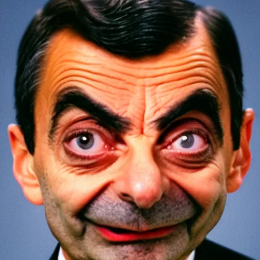 Prompt: extremely zoomed-in photo of Mr. Bean's face