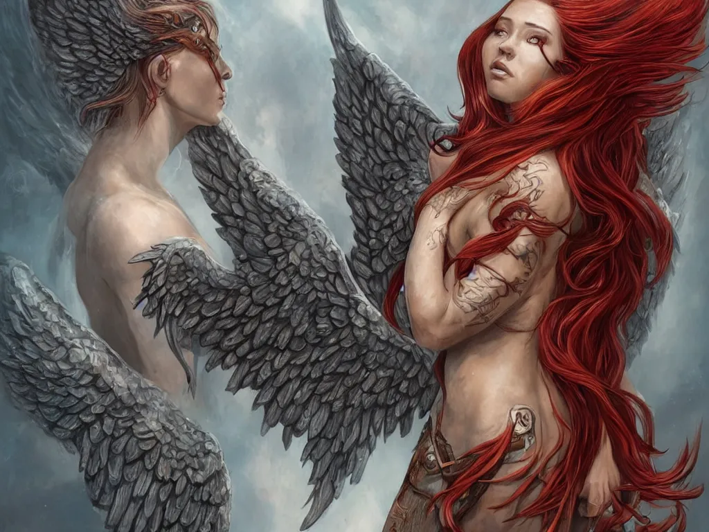 Prompt: a whole body D&D style illustration of a gorgeous warrior angel woman with angel wings wide opened , covered by supernatural tattoos, stoic attitude, wavy red hair, big cheekbones, cloud ominous day background, intricate, elegant, highly detailed, digital painting, artstation, concept art, smooth, sharp focus, high fantasy illustration, art by artgerm and Peter Andrew Jones