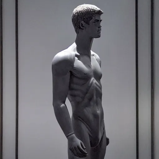 Image similar to “a realistic detailed photo of a guy who is an attractive humanoid who is half robot and half humanoid, who is a male android, actor Liam Hemsworth, shiny skin, posing like a statue, blank stare, at the museum, on display”