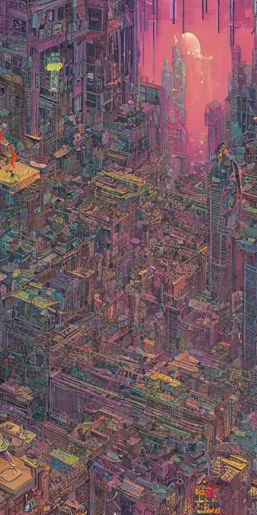 Image similar to highly detailed colorful illustration of a curly - haired persian guy in a cyberpunk city by moebius, nico delort, oliver vernon, kilian eng, joseph moncada, damon soule, manabu ikeda, kyle hotz, dan mumford, otomo, 4 k resolution
