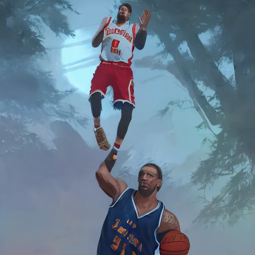 Image similar to highly detailed basketball player, in gta v, stephen bliss, unreal engine, fantasy art by greg rutkowski, loish, rhads, ferdinand knab, makoto shinkai and lois van baarle, ilya kuvshinov, rossdraws, tom bagshaw, global illumination, radiant light, detailed and intricate environment