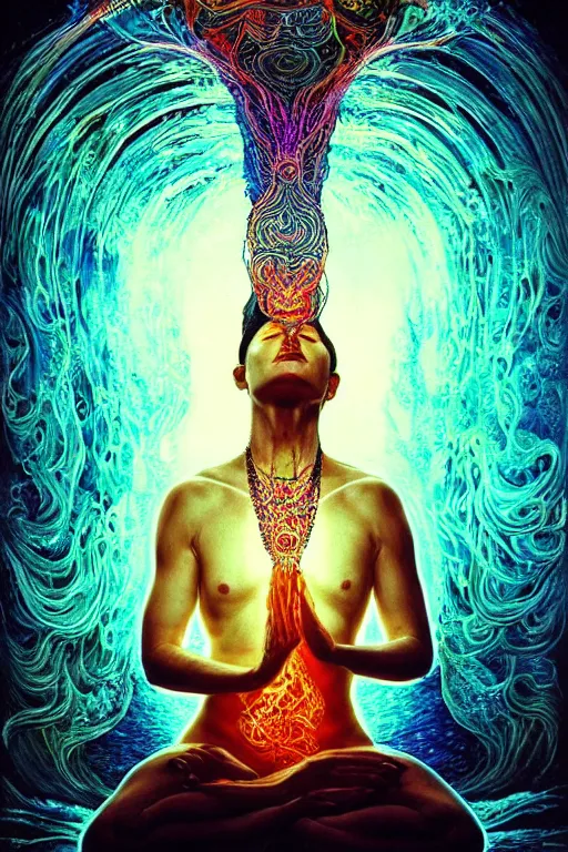 Prompt: meditating psychedelic ritual practitioner with trinket necklace, epic angle and pose, reflective pool, symmetrical artwork, ayahuasca, translucent, fungus, energy flows of water and fire, highly detailed, epic cinematic concept art, excellent composition, dystopian brutalist atmosphere, dynamic dramatic lighting, aesthetic, very inspirational, arthouse, Greg Rutkowski, Artgerm