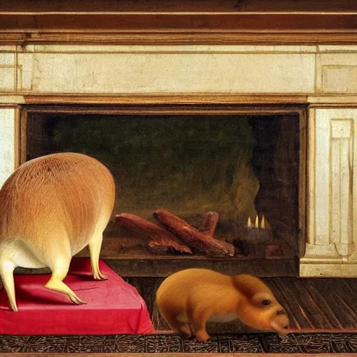 Prompt: a renaissance painting of a capybara in a cozy living room by the fireplace