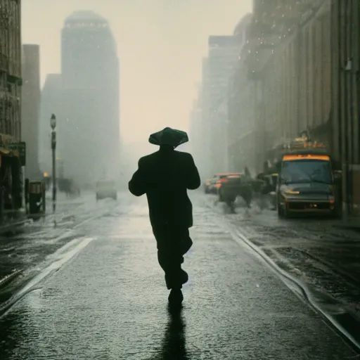 Prompt: a photograph of a man running down the street wearing a hat on a rainy day on expired kodak film, 3 5 mm, award - winning photograph, striking lighting, perfect composition