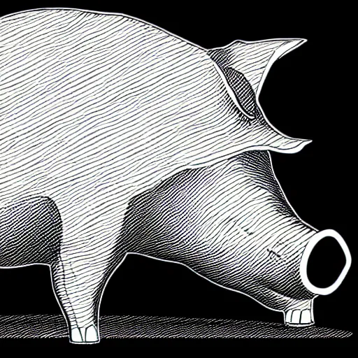 Image similar to illustration full body side view of a pig wearing a anime thick lines black and white 8k