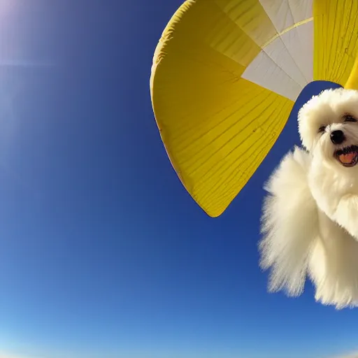 Image similar to a cream-colored havanese paragliding, gopro photo, 4k