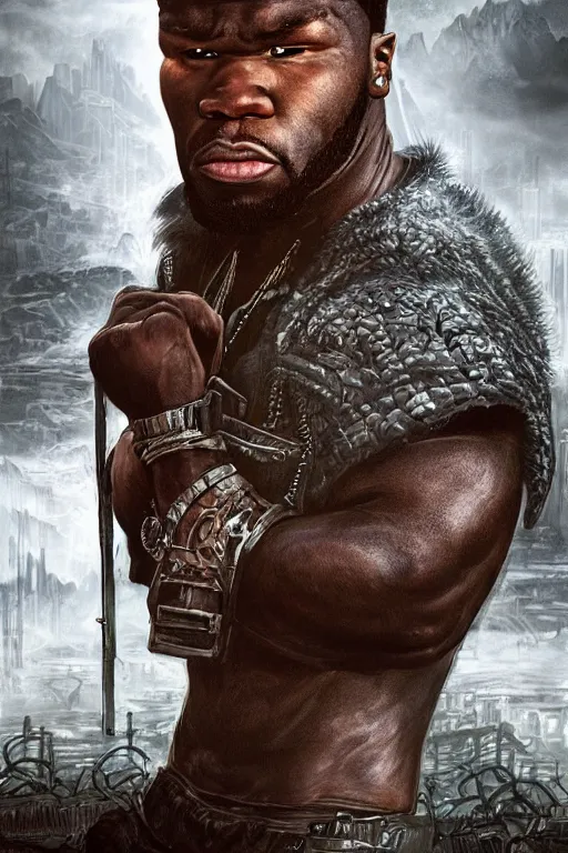 Image similar to highly detailed elden ring portrait photo of a 5 0 cent in a scenic dystopian environment, hyperrealistic illustration by william didier - pouget