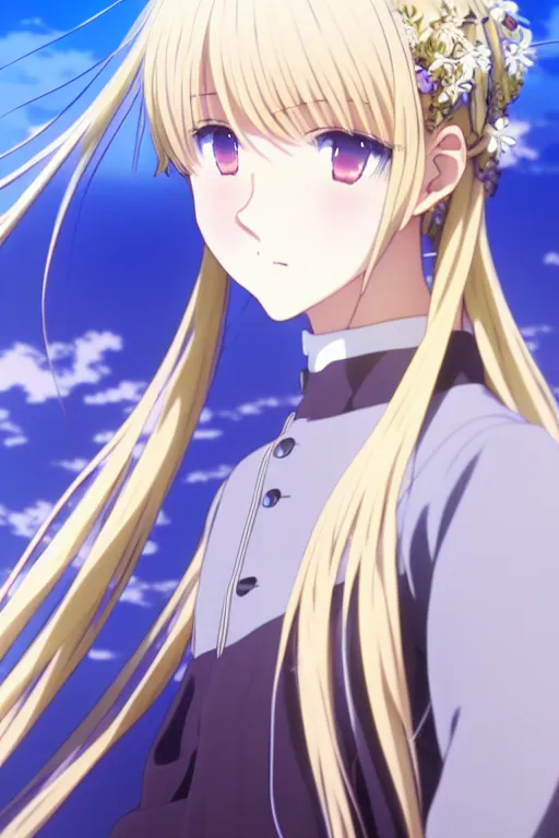 Prompt: anime art full body portrait character concept art, anime key visual of violet evergarden, blonde braids and blue eyes, finely detailed perfect face delicate features directed gaze, laying down in the grass at sunset in a valley, trending on pixiv fanbox, violet evergarden, studio ghibli, extremely high quality artwork