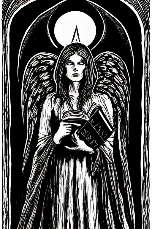 Prompt: dark angel holding a book of necronomicon, tarot card, illustration by aleister crowley, symmetrical, cinematic, sharp focus, 4 k, ultra hd, sense of awe, sinister demonic atmosphere, dreadful, forbidden knowledge, old gods. demonology