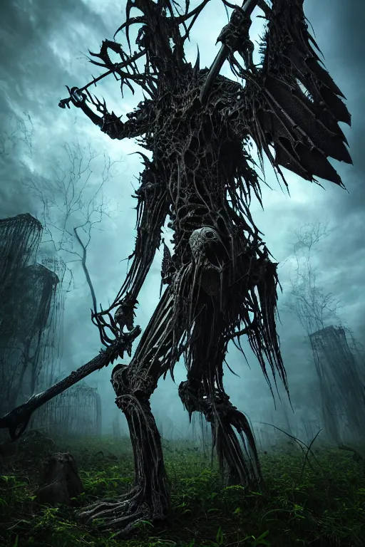 Image similar to post - gothic giant creepy banshee, exoskeleton armor, attacking with axe, dystopian ruins covered in vegetation, highly detailed smooth digital art masterpiece, vitaly bulgarov giger dramatic dark blue light, ground angle hd 8 k, sharp focus