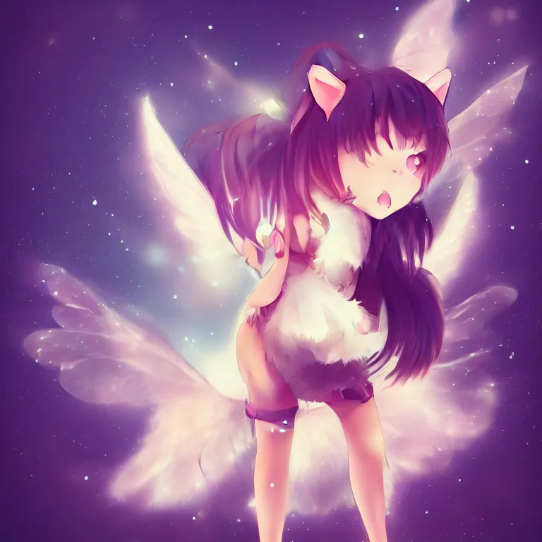 Image similar to cute, full body, female, anime style, a cat girl with fairy wings, large eyes, beautiful lighting, sharp focus, simple background, creative, heart effects, filters applied, illustration