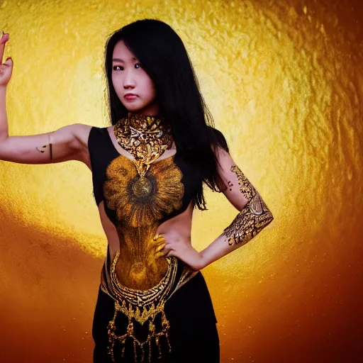 Image similar to asian girl, liquid golden and black fluid, magic hour, dramatic light, liquid painting, golden bodypaint, world best photography, indian patterns, bokeh, golden jewelry filigree