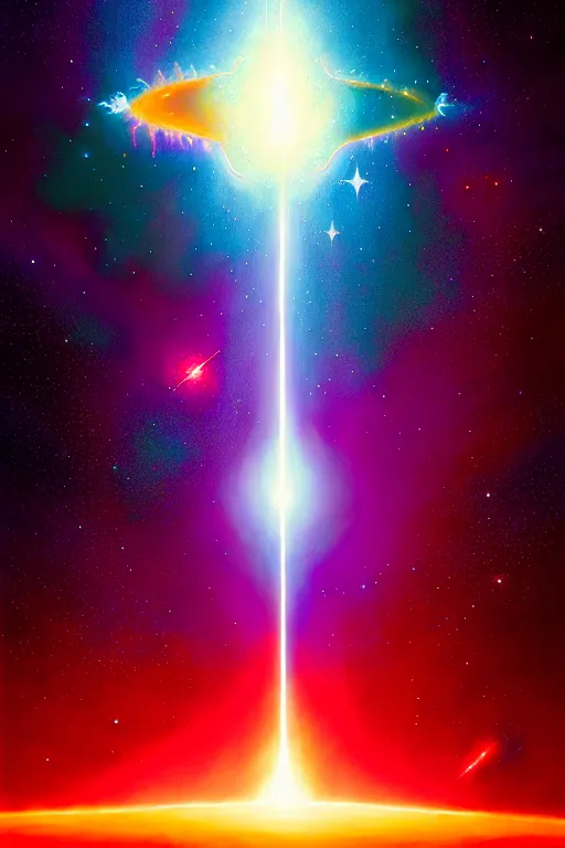 Image similar to standing on the shoulders of giants, celestial collision, birth of a star by christopher balaskas and john harris and dan mumford, hyperrealistic, high detail, ultra detailed, space, nebula, sharp focus, stellar formation, astronomy, science