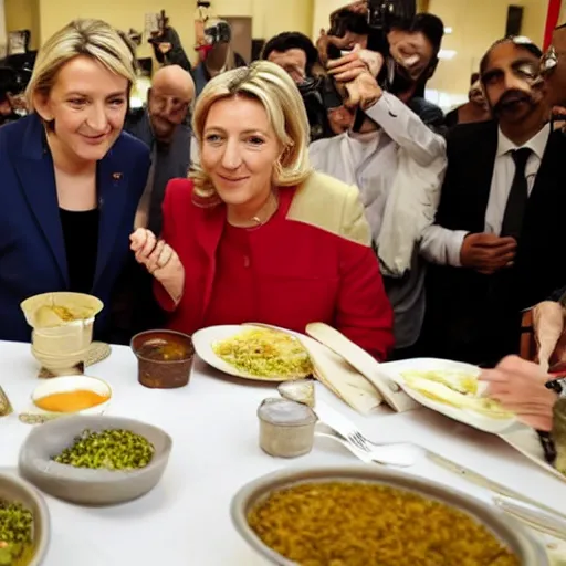Image similar to marine lepen eating couscous with many arabic people in a synagogue