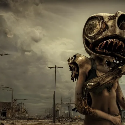 Image similar to pretty face, wide angle lens, photorealistic, 4k, background of destroyed city post apocalyptic, steakpunk, soft lighting, portrait, style of gigar, GIGAR, horror alien gigar