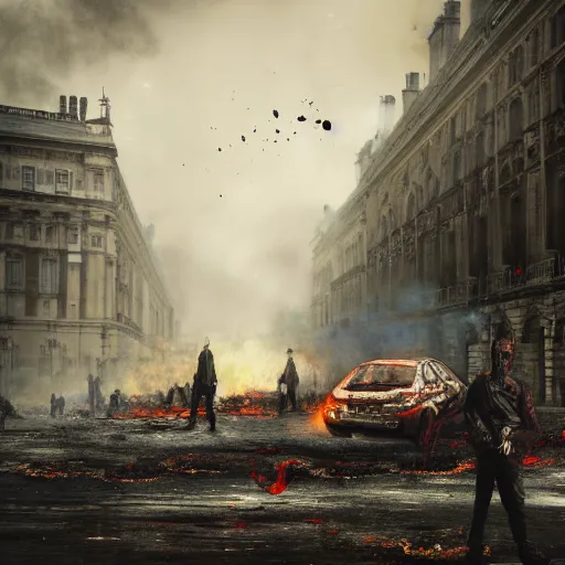 Image similar to a wide shot concept art of a zombie apocalypse in london town outside buckingham palace, 1 0 0's of zombies, smoke, fire, apocalyptic style image, smashed up cars, dead body's on the ground, blood, hyper detailed, illustration, digital art, featured on artstation, award winning image, unreal engine 7 render, 8 k, masterpeice