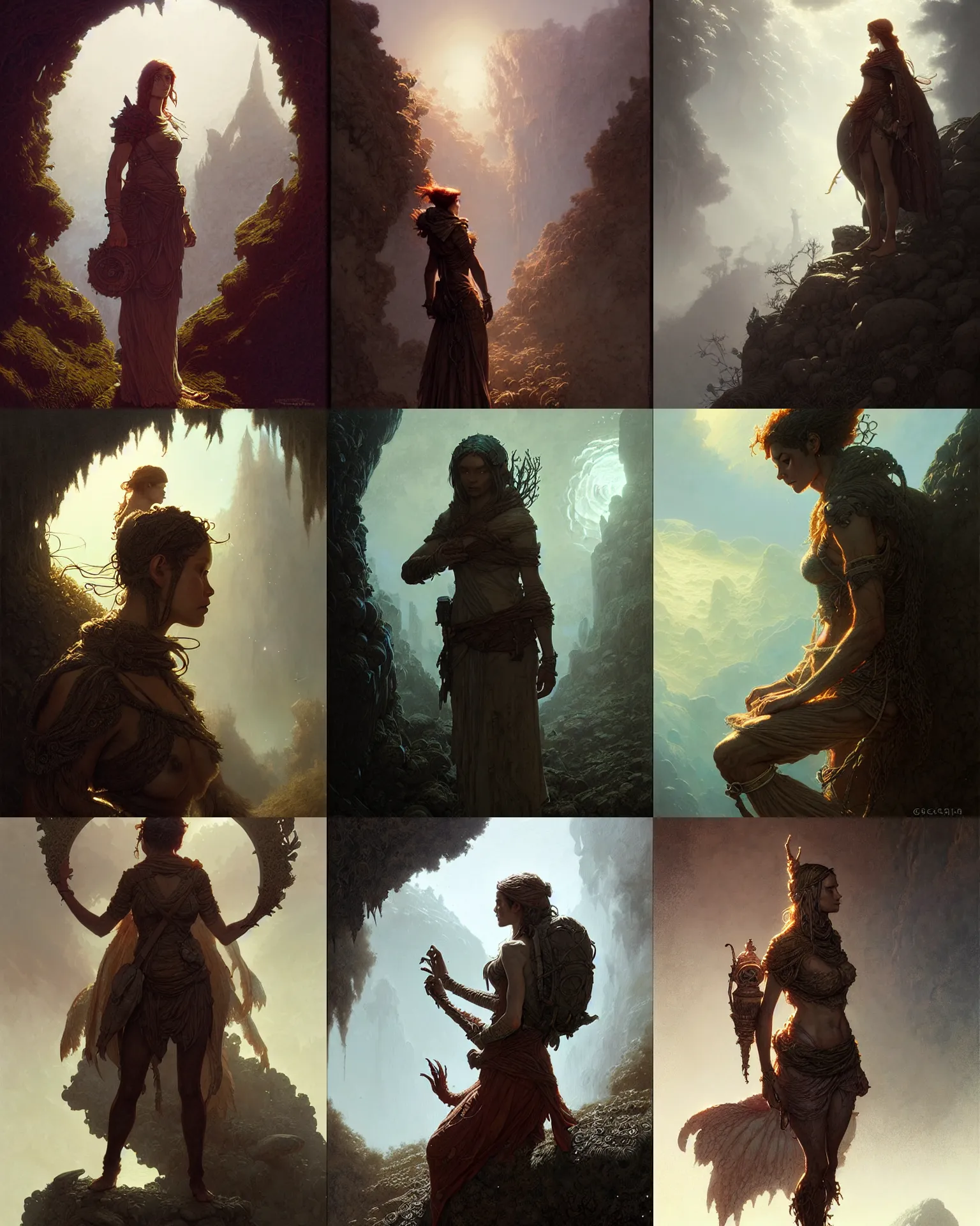 Prompt: fae traveler, explorer, character study, female, concept art, intricate details, side lighting highly detailed by greg rutkowski, michael whelan and gustave dore