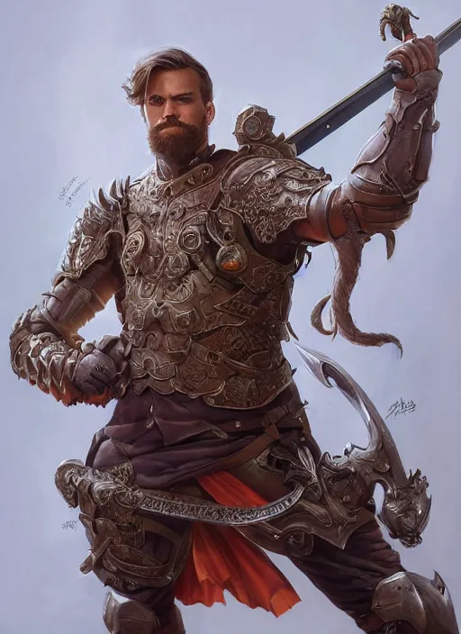 Image similar to PewDiePie as a mean looking hero holding an enormous large dual wielding sword, intricate, elegant, highly detailed, centered, digital painting, artstation, concept art, smooth, sharp focus, illustration, artgerm, donato giancola, Joseph Christian Leyendecker, WLOP, Boris Vallejo, Artgerm