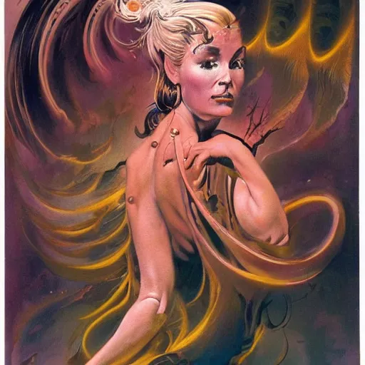 Image similar to portrait of a woman with swirling hair and fractal skin by frank frazetta, retrofuturism, psychedelic art reimagined by industrial light and magic