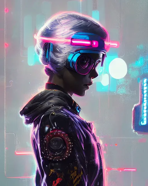 Prompt: detailed full body side profile portrait Neon Operator Girl, cyberpunk futuristic neon, reflective puffy coat, decorated with traditional Japanese ornaments by Ismail inceoglu dragan bibin hans thoma greg rutkowski Alexandros Pyromallis Nekro Rene Maritte Illustrated, Perfect face, fine details, realistic shaded, fine-face, pretty face