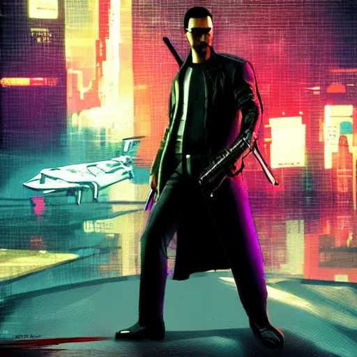 Prompt: art of Keanu Reaves as neo from matrix film in the cyberpunk 2077 game