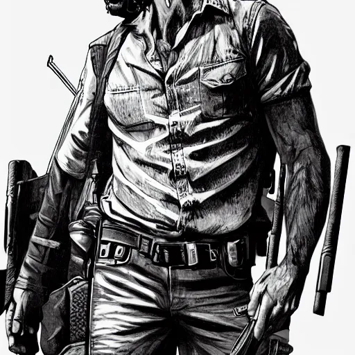 Image similar to rick grimes line art, the walking dead scene, full body shot, poster, fantasy, medieval, vivid colors, elegant, concept art, sharp focus, digital art, Hyper-realistic, 4K, Unreal Engine, Highly Detailed, HD, Dramatic Lighting by Brom, trending on Artstation