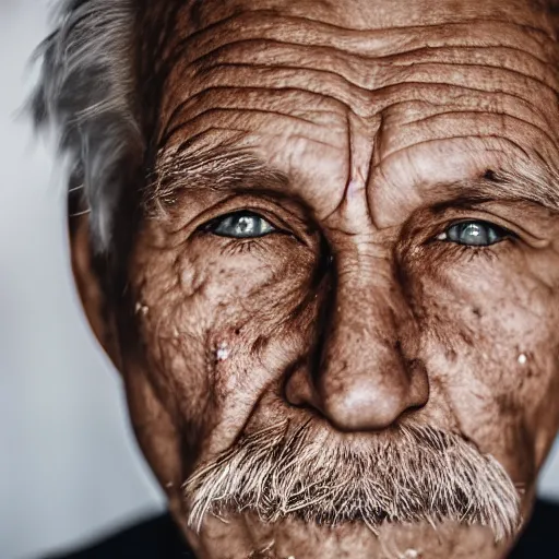 Image similar to extremely detailed portrait photo of an old man with a sober expression, wrinkle face, bright eyes, messy brown hair