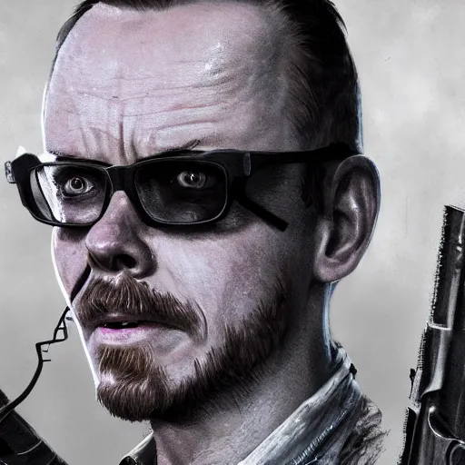 Image similar to simon pegg portrait, horror core, apocalyptic, winchester rifle, sharp focus, fiction, hyper detailed, digital art, trending in artstation, cinematic lighting, studio quality, smooth render, unreal engine 5 rendered, octane rendered, art style and nixeu and wlop and krenz cushart