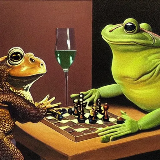 Image similar to mr toad and mr frog drinking wine and playing chess. Painting of toad and frog wearing sweaters by James Gurney.