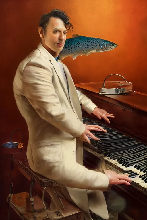 Prompt: a stunning ultra realistic fine art painting of the world's greatest kidney doctor performing on the piano, trout in pants, by tom bagshaw, studio portrait, vibrant colors, 4K