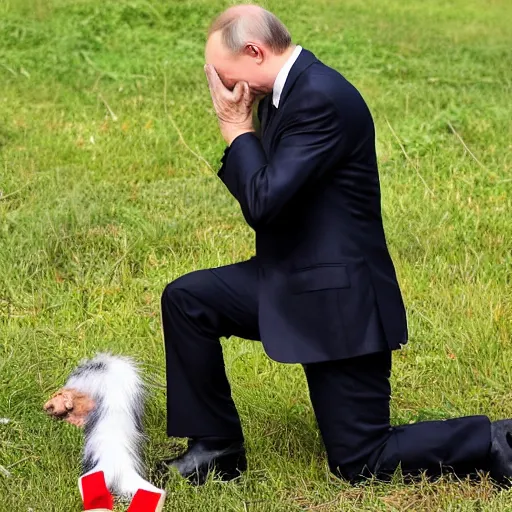 Prompt: Vladimir Putin kneeling before a man in a wild furry costume