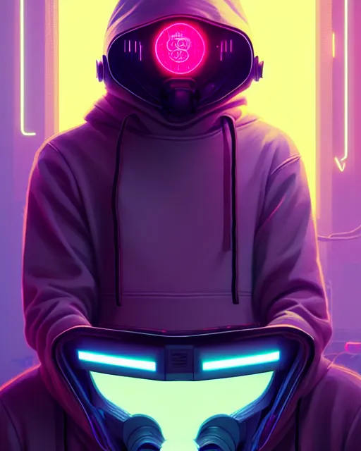 Image similar to cyberpunk synth, hyper - realistic detailed portrait of a man in a hoodie, with neon visor mask, dynamic pose, by atey ghailan, by greg rutkowski, by greg tocchini, by james gilleard, by joe fenton, by kaethe butcher, sharp focus