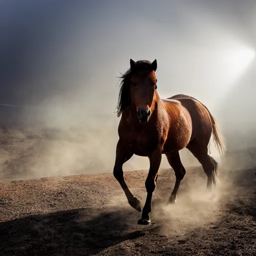 Image similar to stampeding muscular horse emerging out of pyroclastic flow with mist and sun rays. wide angle lens. 4 k
