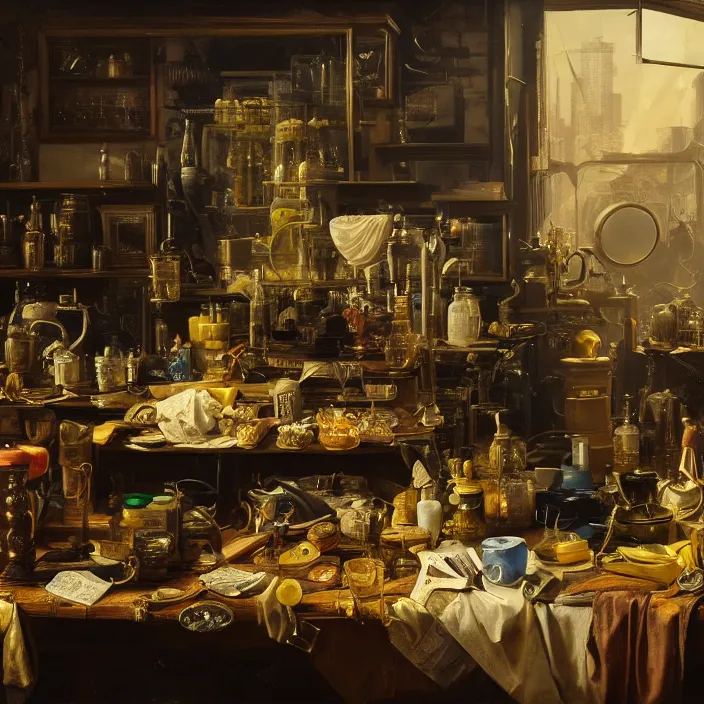 Prompt: still life photo of a cyberpunk junk shop by pieter claesz, oil on canvas, strong lighting, highly detailed, hyper realism, golden hour, god rays, hd, 4 k